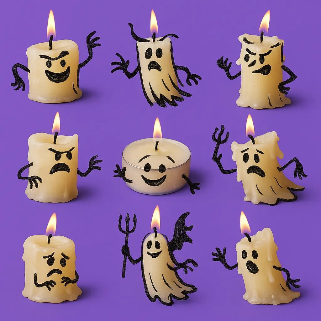 Example output from the Hand Drawn Doodles On Real Products ChatGPT prompt: photorealistic objects like food or tools transformed into charming characters using sketched doodles and bold, flat-color backgrounds. Candles.