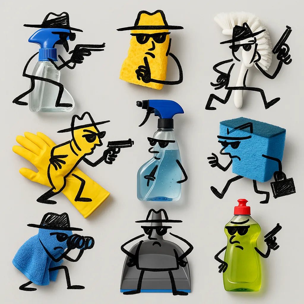 Example output from the Hand Drawn Doodles On Real Products ChatGPT prompt: photorealistic objects like food or tools transformed into charming characters using sketched doodles and bold, flat-color backgrounds. Cleaning Tools.