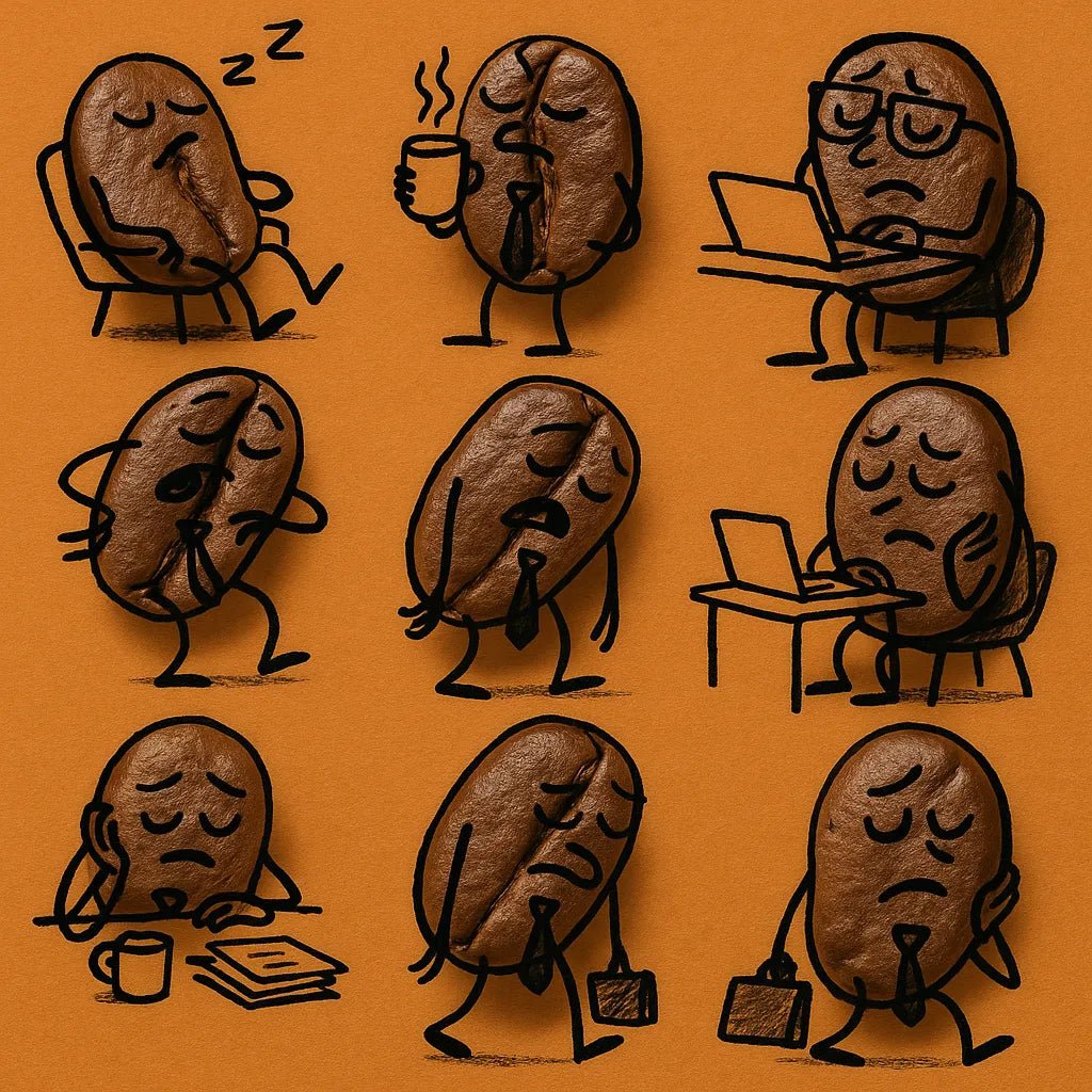 Example output from the Hand Drawn Doodles On Real Products ChatGPT prompt: photorealistic objects like food or tools transformed into charming characters using sketched doodles and bold, flat-color backgrounds. Coffee Beans.