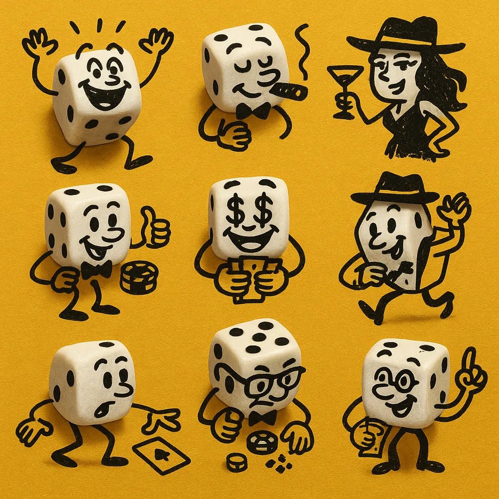 Example output from the Hand Drawn Doodles On Real Products ChatGPT prompt: photorealistic objects like food or tools transformed into charming characters using sketched doodles and bold, flat-color backgrounds. Dice.