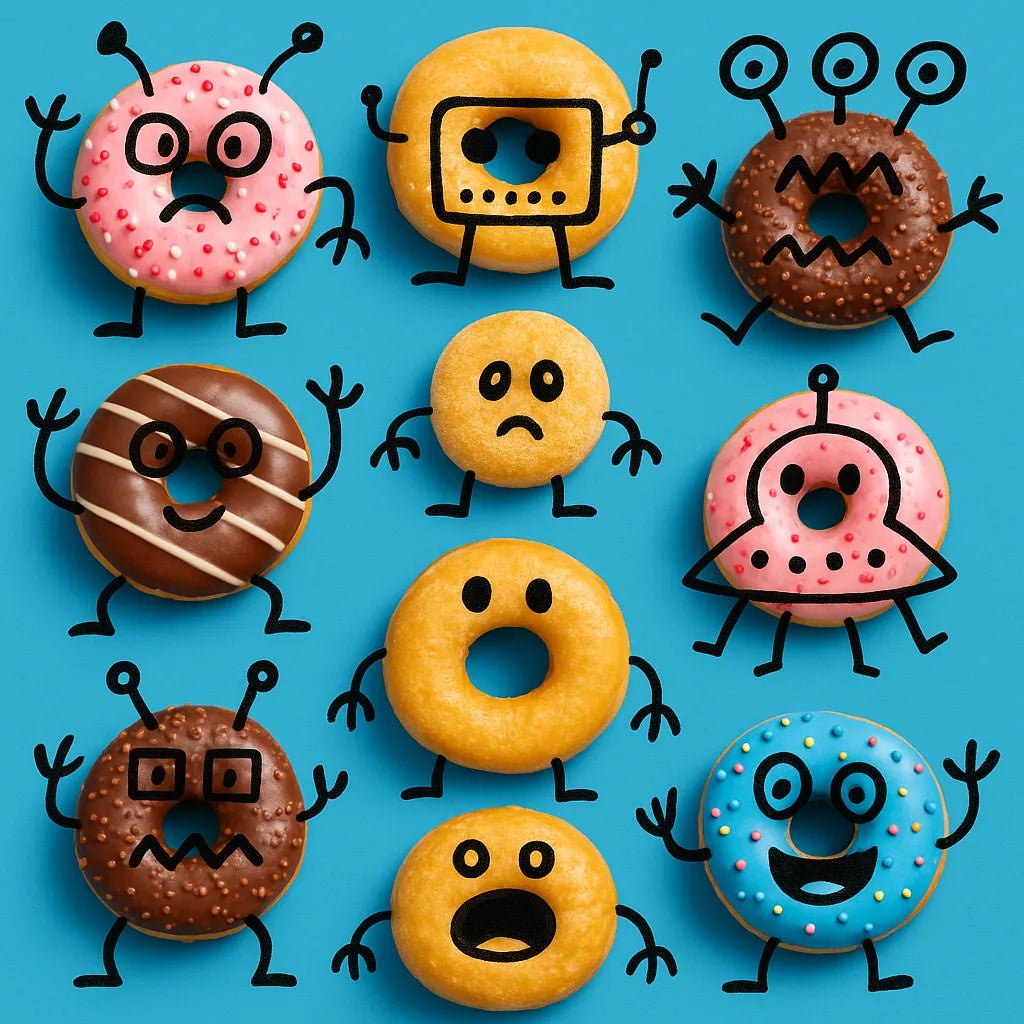 Example output from the Hand Drawn Doodles On Real Products ChatGPT prompt: photorealistic objects like food or tools transformed into charming characters using sketched doodles and bold, flat-color backgrounds. Donuts.