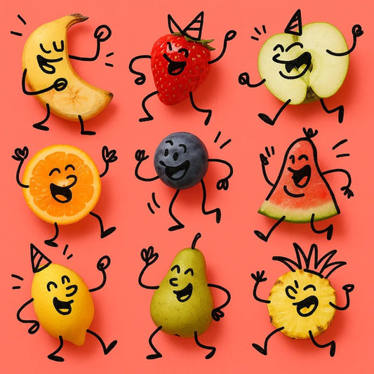 Example output from the Hand Drawn Doodles On Real Products ChatGPT prompt: photorealistic objects like food or tools transformed into charming characters using sketched doodles and bold, flat-color backgrounds. Fruits.