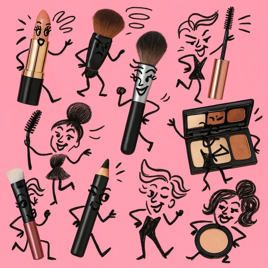 Example output from the Hand Drawn Doodles On Real Products ChatGPT prompt: photorealistic objects like food or tools transformed into charming characters using sketched doodles and bold, flat-color backgrounds. Makeup Tools.