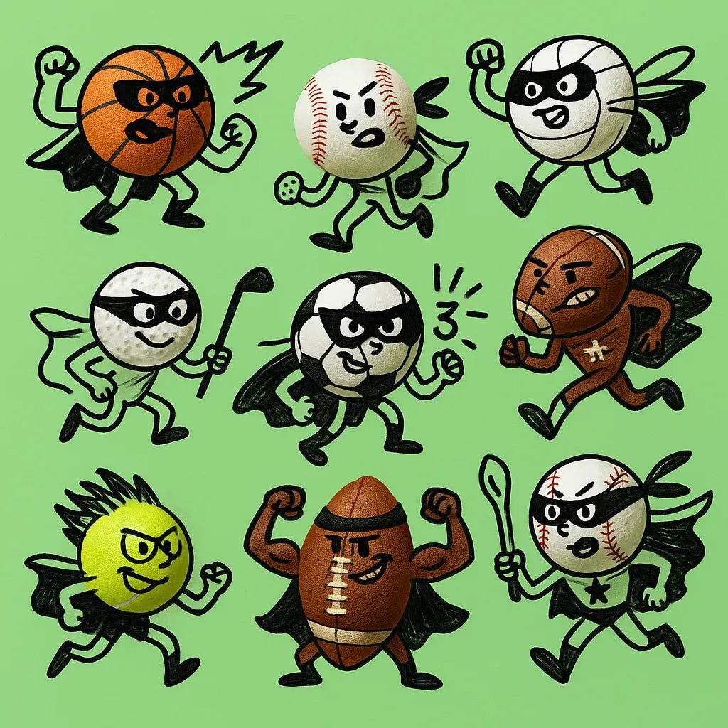 Example output from the Hand Drawn Doodles On Real Products ChatGPT prompt: photorealistic objects like food or tools transformed into charming characters using sketched doodles and bold, flat-color backgrounds. Sports Balls.