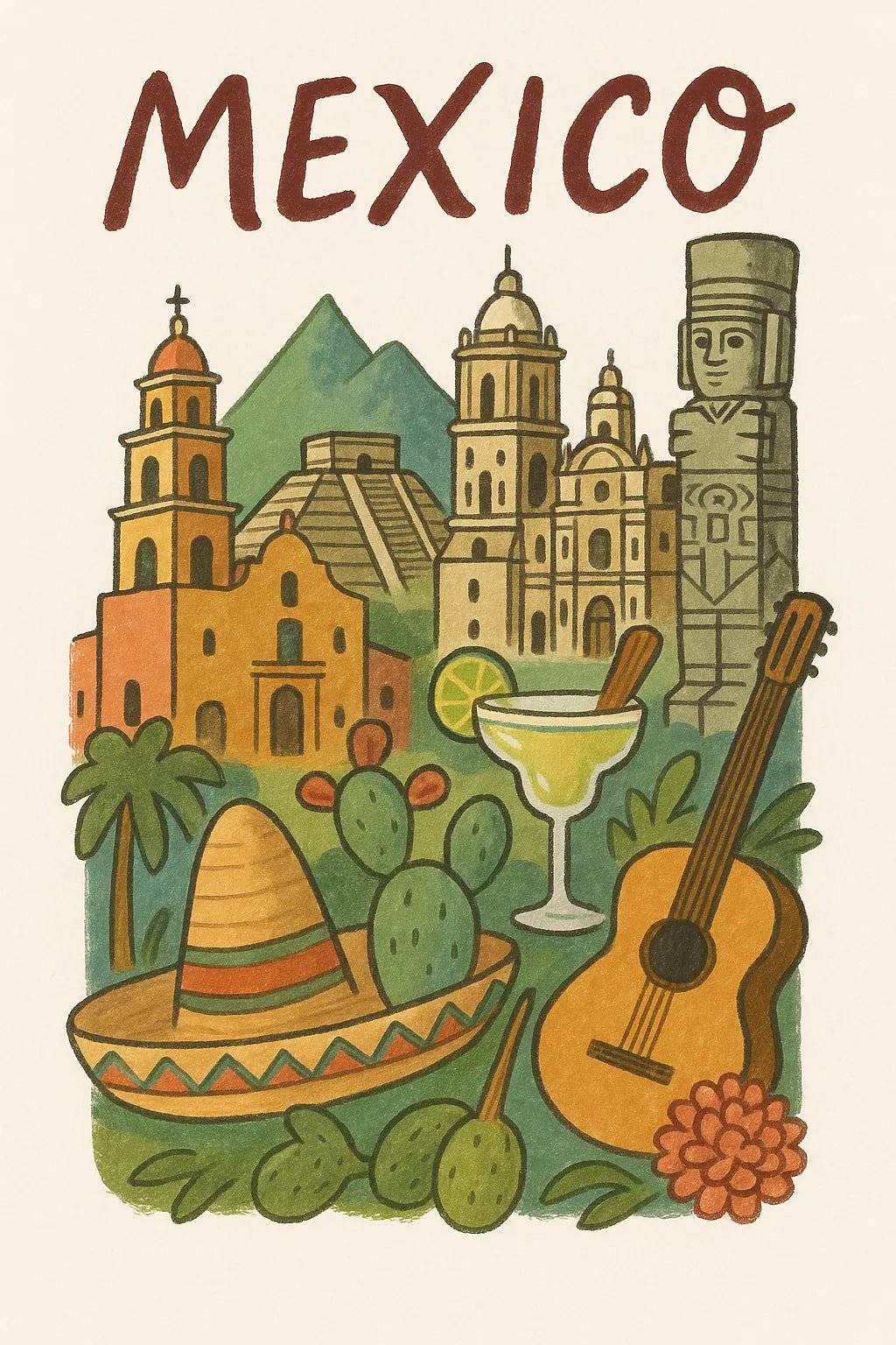 Example output from the Hand Illustrated Travel Poster ChatGPT prompt: Mexico