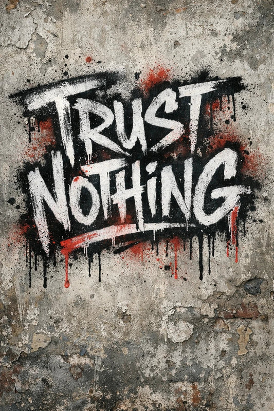 Graffiti-style hand-sprayed lettering text painted on a concrete wall with dripping paint and raw urban texture: Trust Nothing