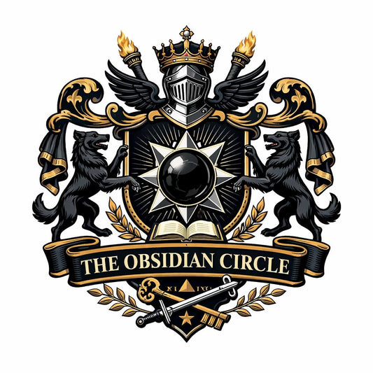 Heritage-style brand crest design with classic heraldic symbols, shields, crowns, and ornamental detailing: The Obsidian Circle