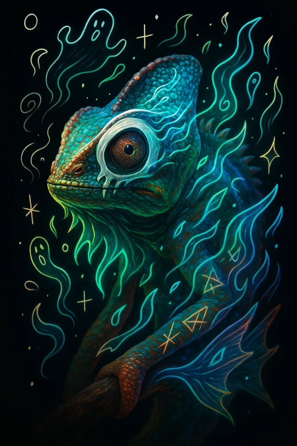 Example output of heroic animal portraits generated by a ChatGPT prompt template, showcasing a Chameleon.