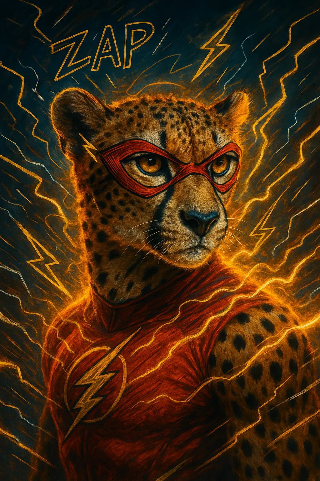 Example output of heroic animal portraits generated by a ChatGPT prompt template, showcasing a Cheetah.