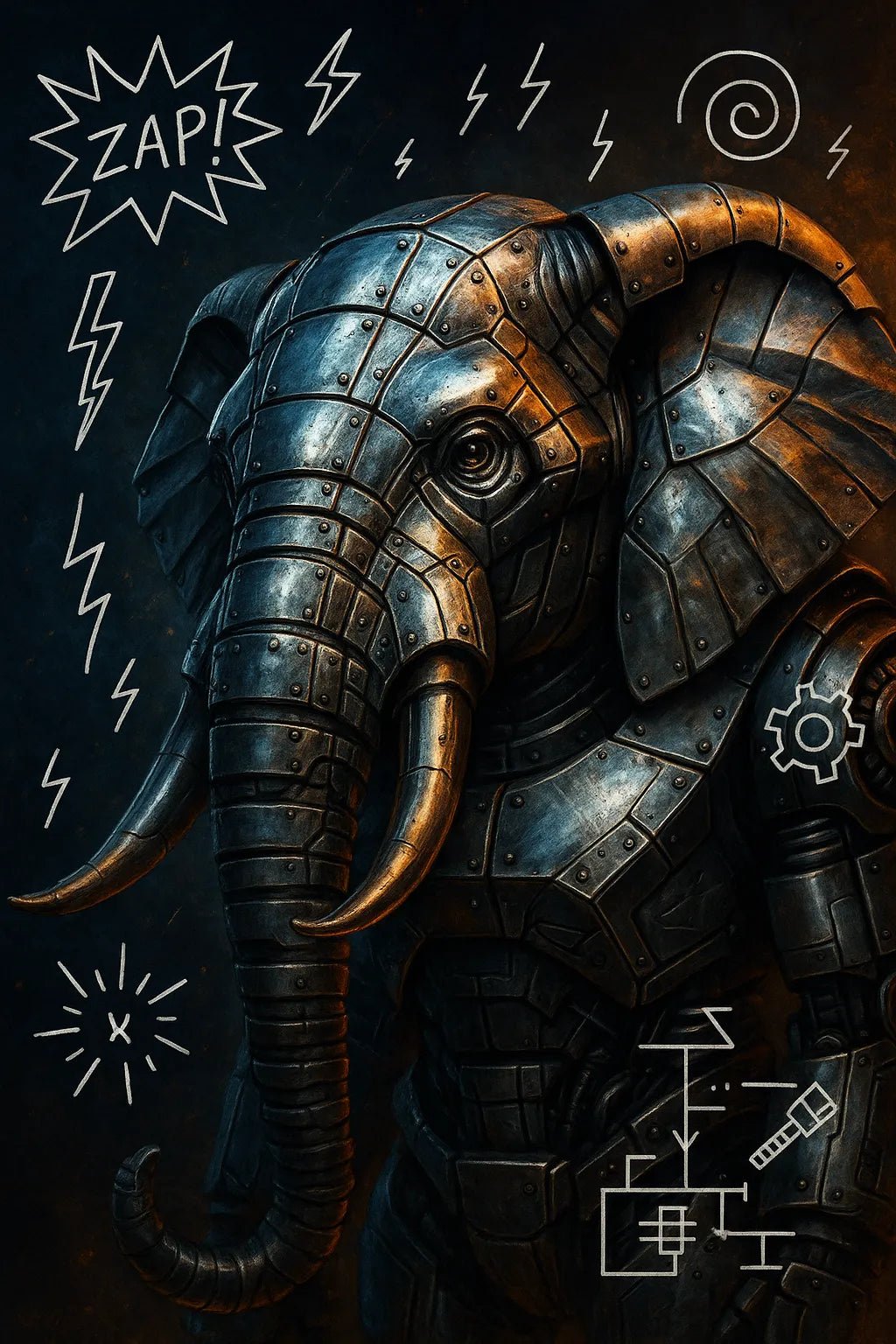 Example output of heroic animal portraits generated by a ChatGPT prompt template, showcasing an Elephant.