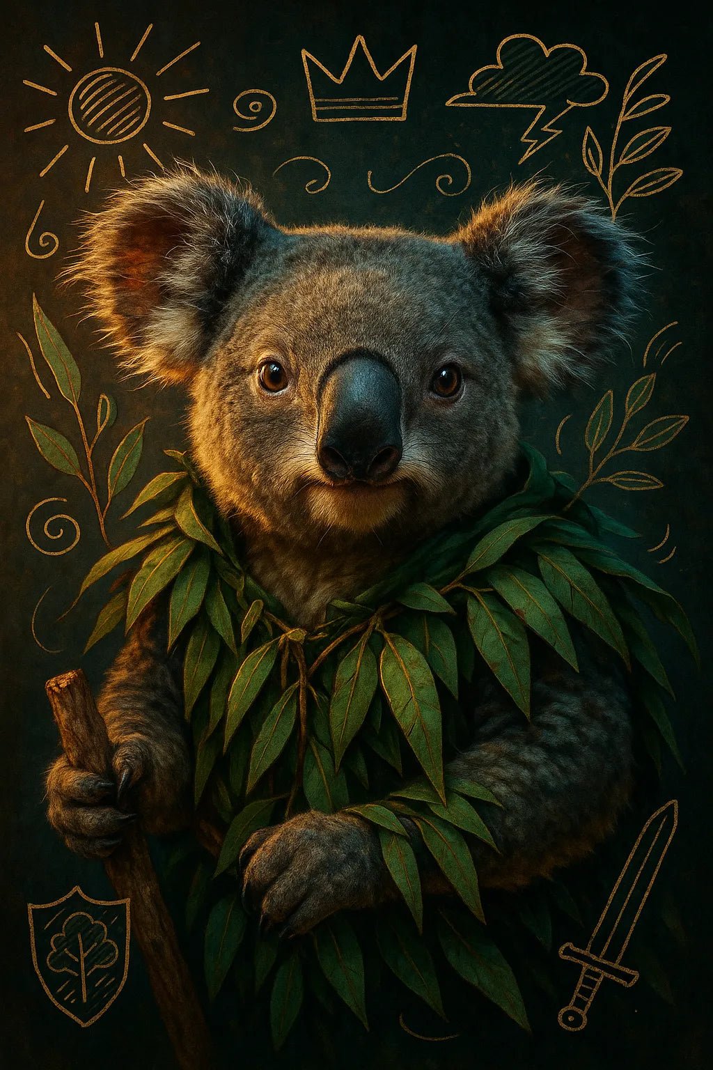 Example output of heroic animal portraits generated by a ChatGPT prompt template, showcasing a Koala.