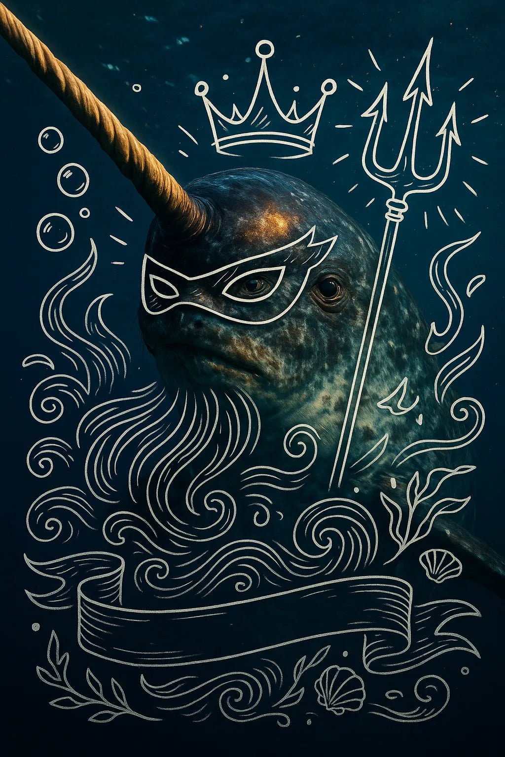 Example output of heroic animal portraits generated by a ChatGPT prompt template, showcasing a Narwhal.