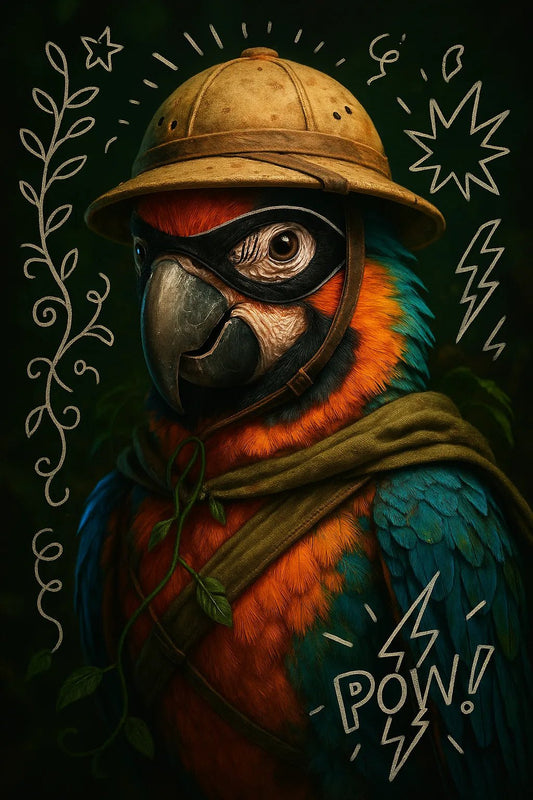 Example output of heroic animal portraits generated by a ChatGPT prompt template, showcasing a Parrot.