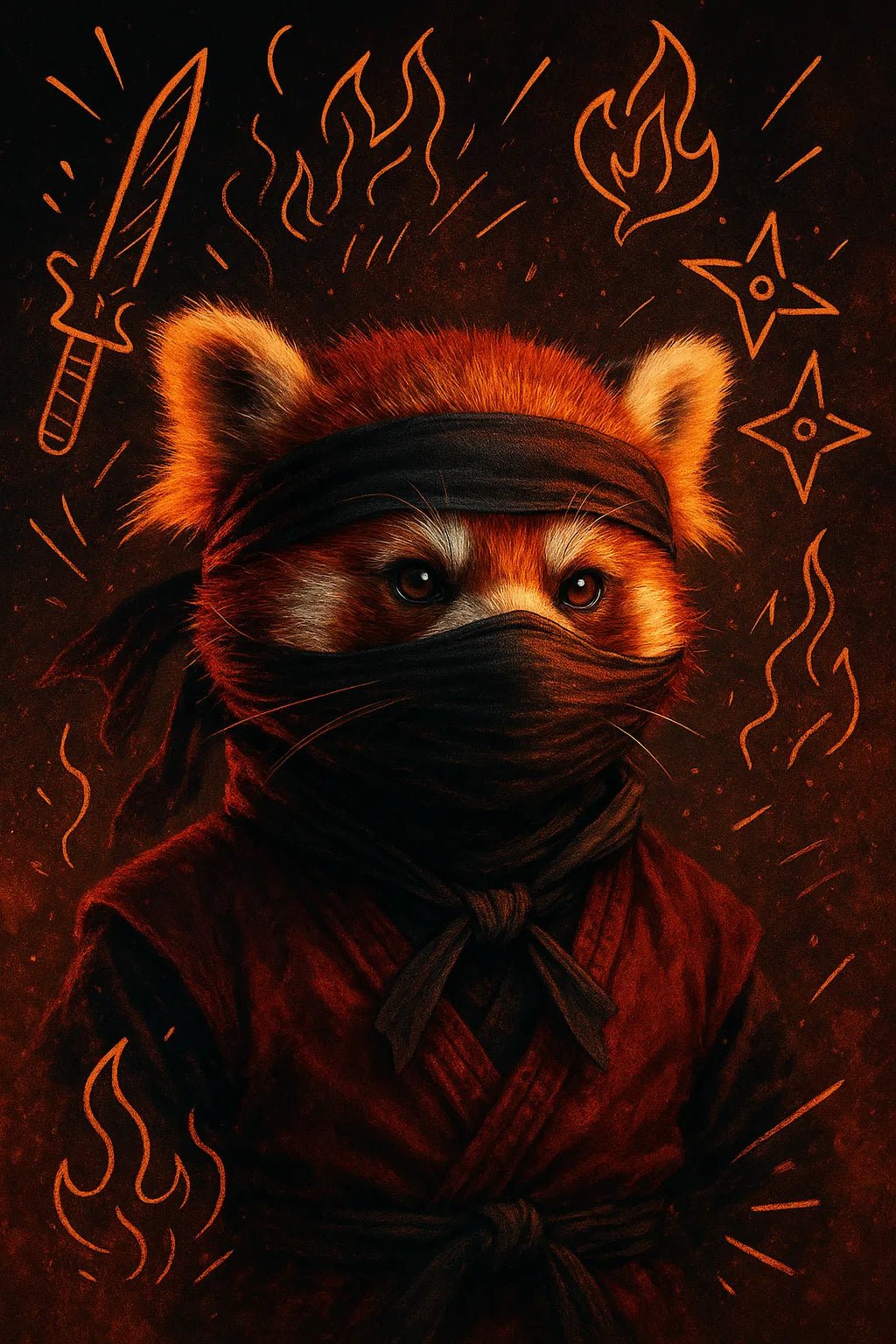 Example output of heroic animal portraits generated by a ChatGPT prompt template, showcasing a Red Panda.