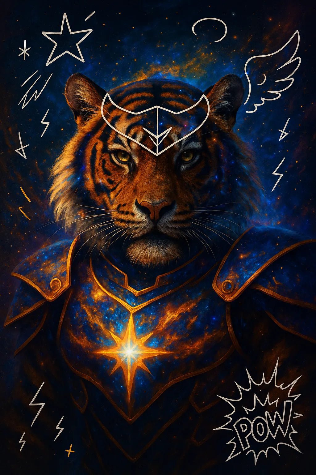 Example output of heroic animal portraits generated by a ChatGPT prompt template, showcasing a Tiger.