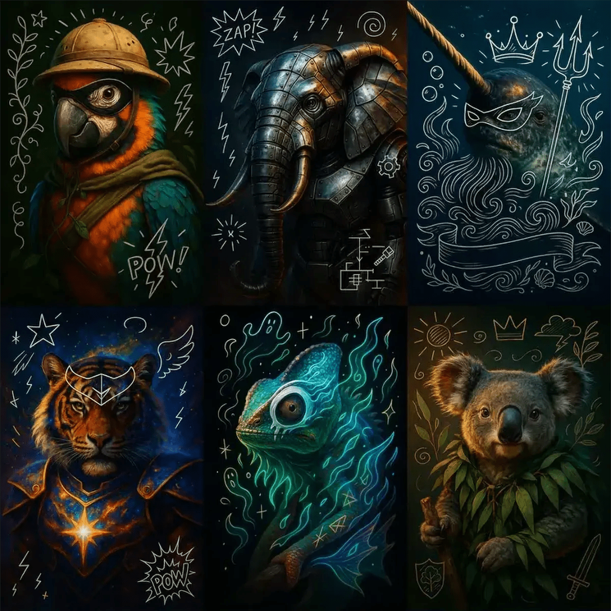 Example output of heroic animal portraits generated by a ChatGPT prompt template, showcasing a pith-helmeted parrot, steampunk elephant, crowned narwhal, armored tiger, glowing chameleon, and leaf-clad koala, each accented with dynamic white doodle overlays—lightning bolts, gears, crowns, and botanical sketches—against a dark, dramatic background.