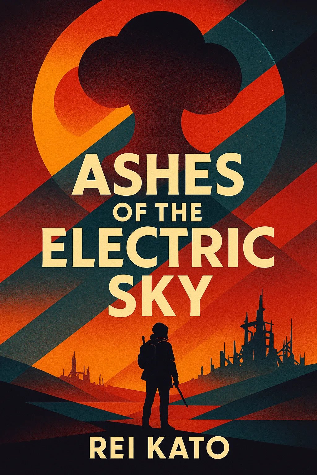 Example output from the High End Retro Modern Book Covers ChatGPT prompt: editorial-style book covers. Ashes of the Electric Sky.