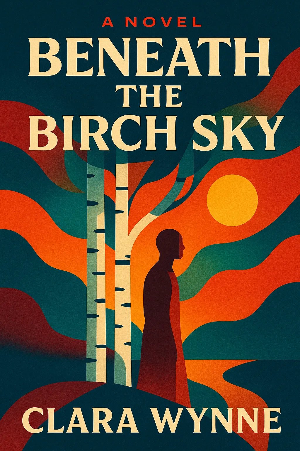 Example output from the High End Retro Modern Book Covers ChatGPT prompt: editorial-style book covers. Beneath the Birch Sky.
