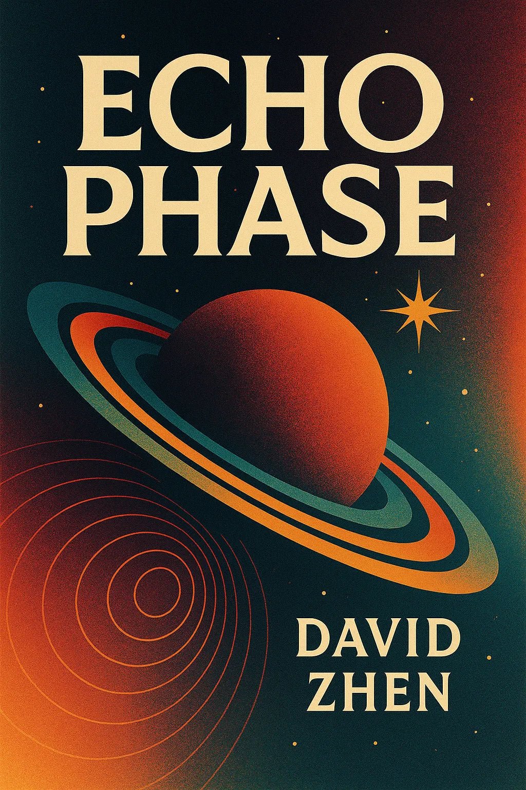 Example output from the High End Retro Modern Book Covers ChatGPT prompt: editorial-style book covers. Echo Phase.