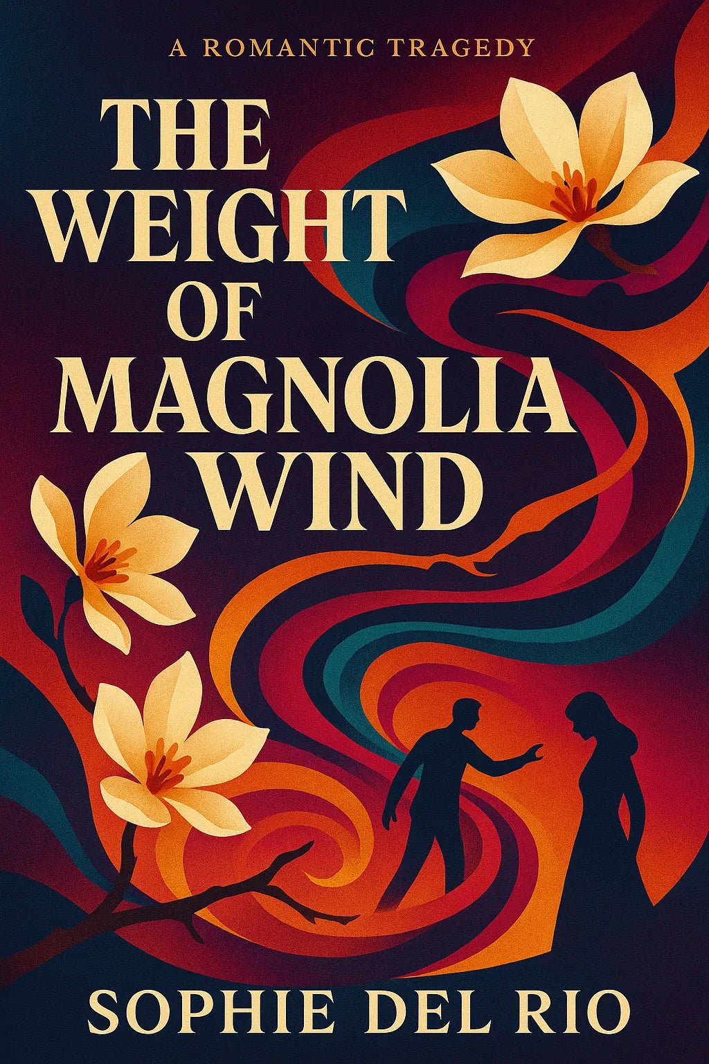 Example output from the High End Retro Modern Book Covers ChatGPT prompt: editorial-style book covers. The Weight of Magnolia Wind.