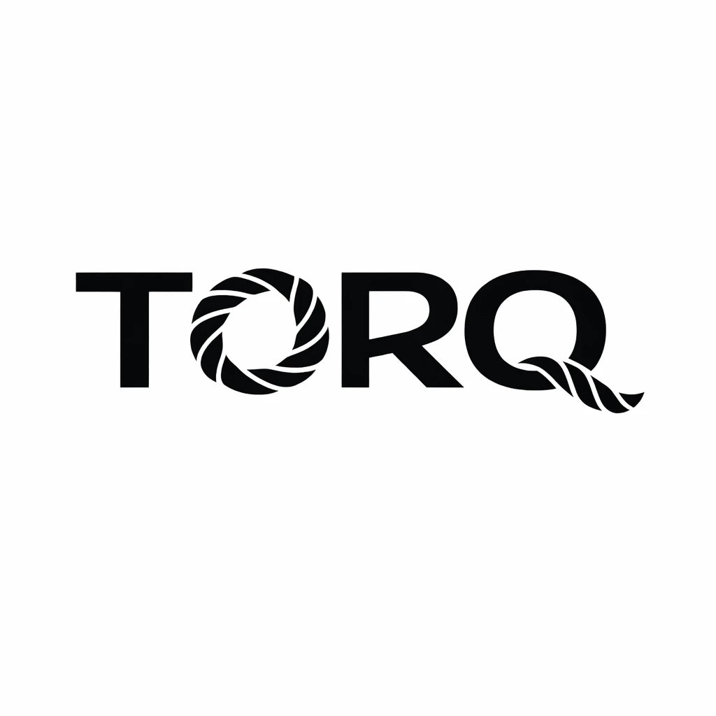 Minimal black and white high-end typographic logo concept with symbolic elements fused directly into custom geometric wordmark: TORQ