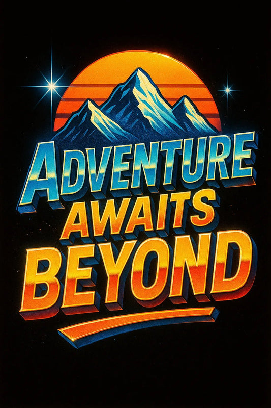 Example output from the High Impact 3D Retro Quote Logos ChatGPT prompt: 3D retro-style quote logos with neon glow and cinematic textures, featuring dynamic layouts and nostalgic energy for album art, intros, and posts. Adventure Awaits Beyond.