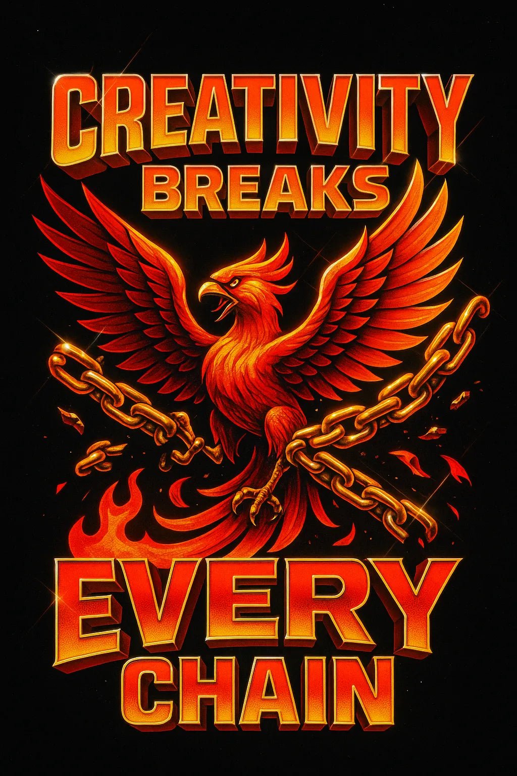 Example output from the High Impact 3D Retro Quote Logos ChatGPT prompt: 3D retro-style quote logos with neon glow and cinematic textures, featuring dynamic layouts and nostalgic energy for album art, intros, and posts. Creativity Breaks Every Chain.