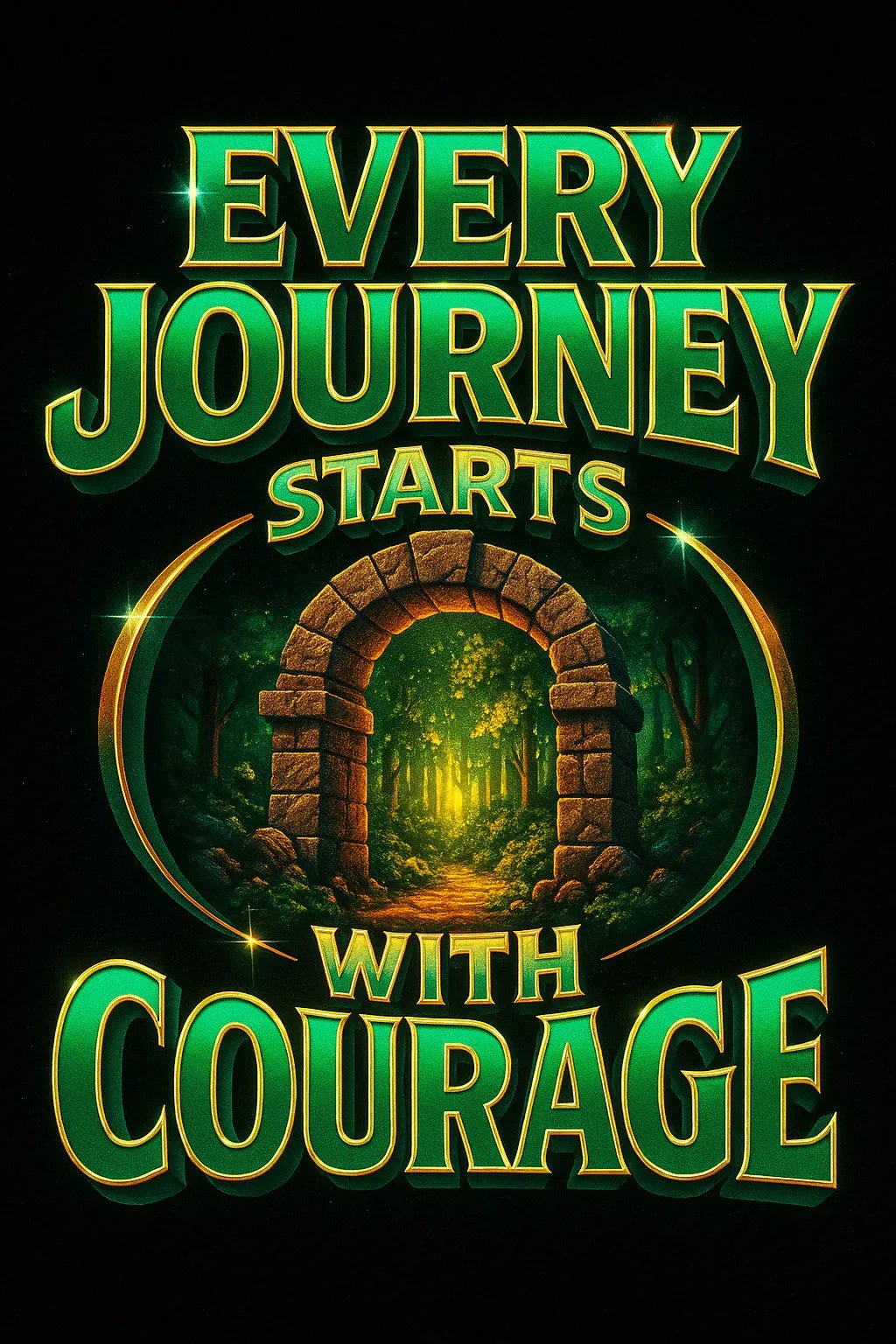 Example output from the High Impact 3D Retro Quote Logos ChatGPT prompt: 3D retro-style quote logos with neon glow and cinematic textures, featuring dynamic layouts and nostalgic energy for album art, intros, and posts. Every Journey Starts With Courage.