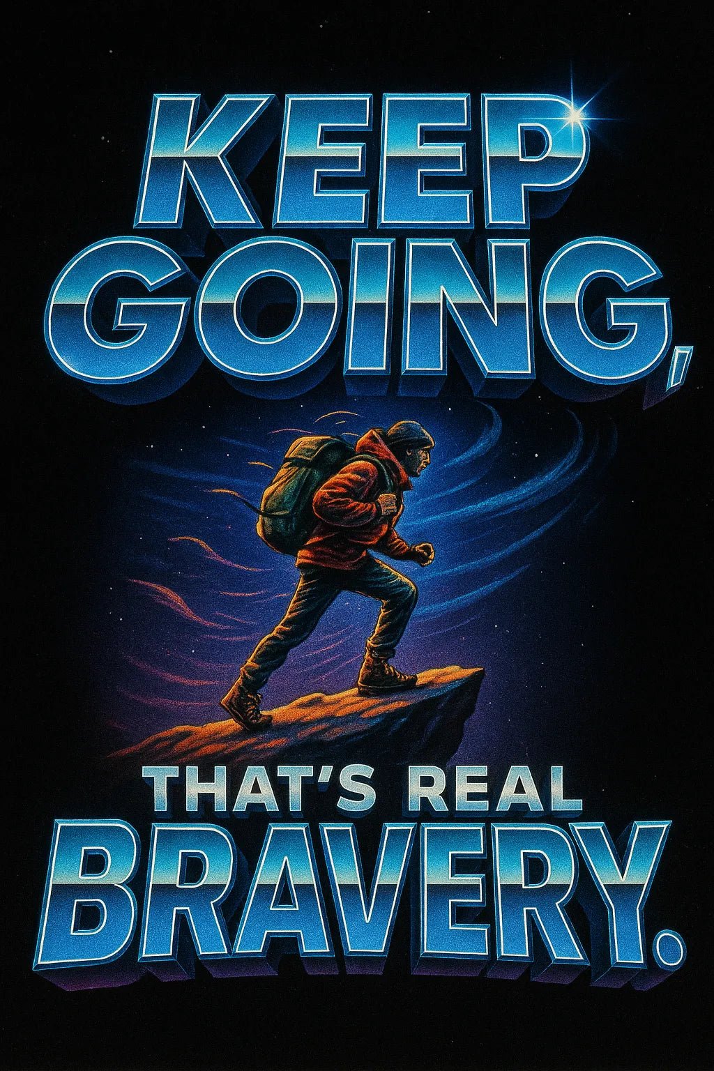Example output from the High Impact 3D Retro Quote Logos ChatGPT prompt: 3D retro-style quote logos with neon glow and cinematic textures, featuring dynamic layouts and nostalgic energy for album art, intros, and posts. Keep Going, Thats Real Bravery.