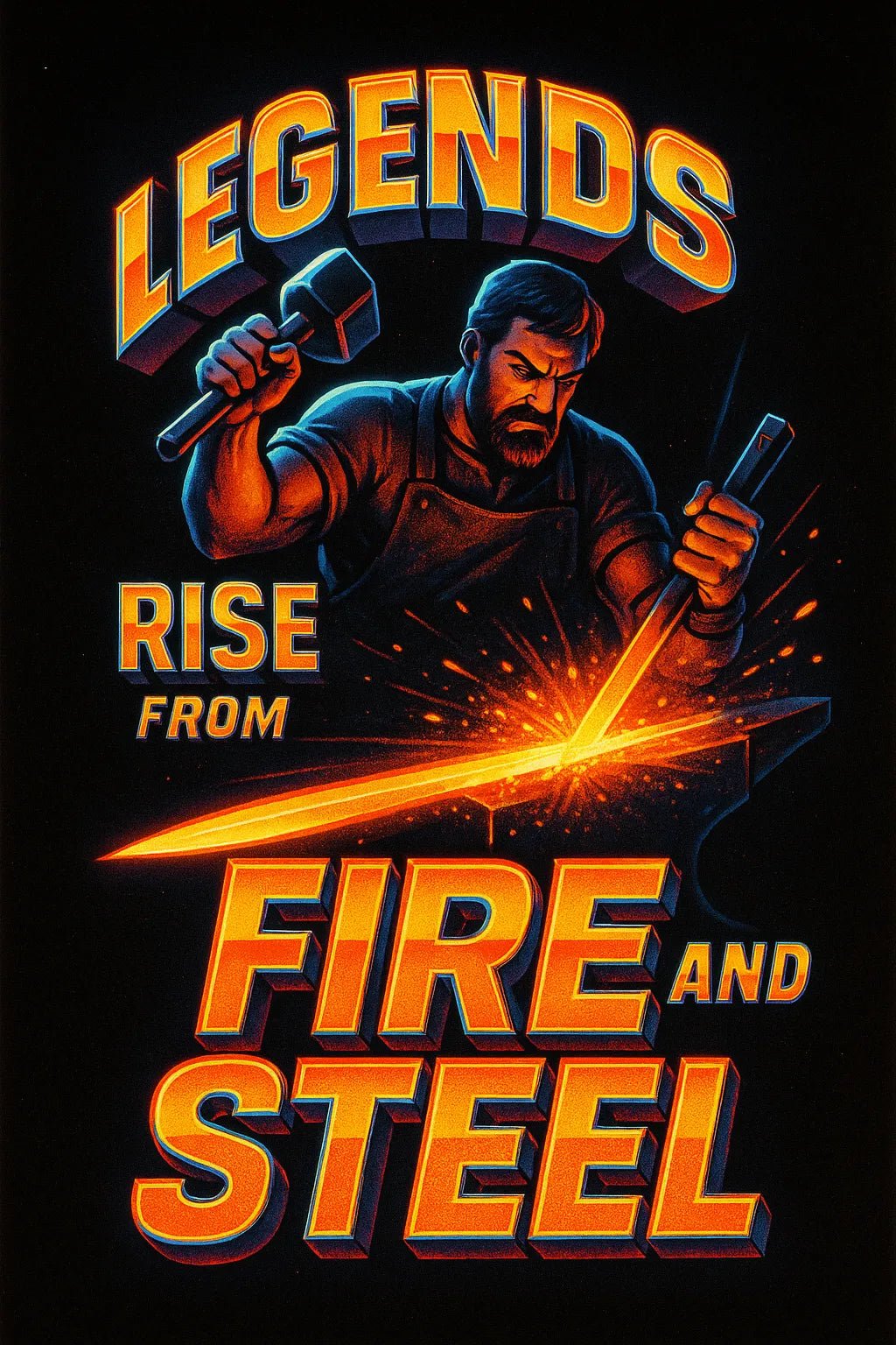Example output from the High Impact 3D Retro Quote Logos ChatGPT prompt: 3D retro-style quote logos with neon glow and cinematic textures, featuring dynamic layouts and nostalgic energy for album art, intros, and posts. Legends Rise From Fire and Steel.