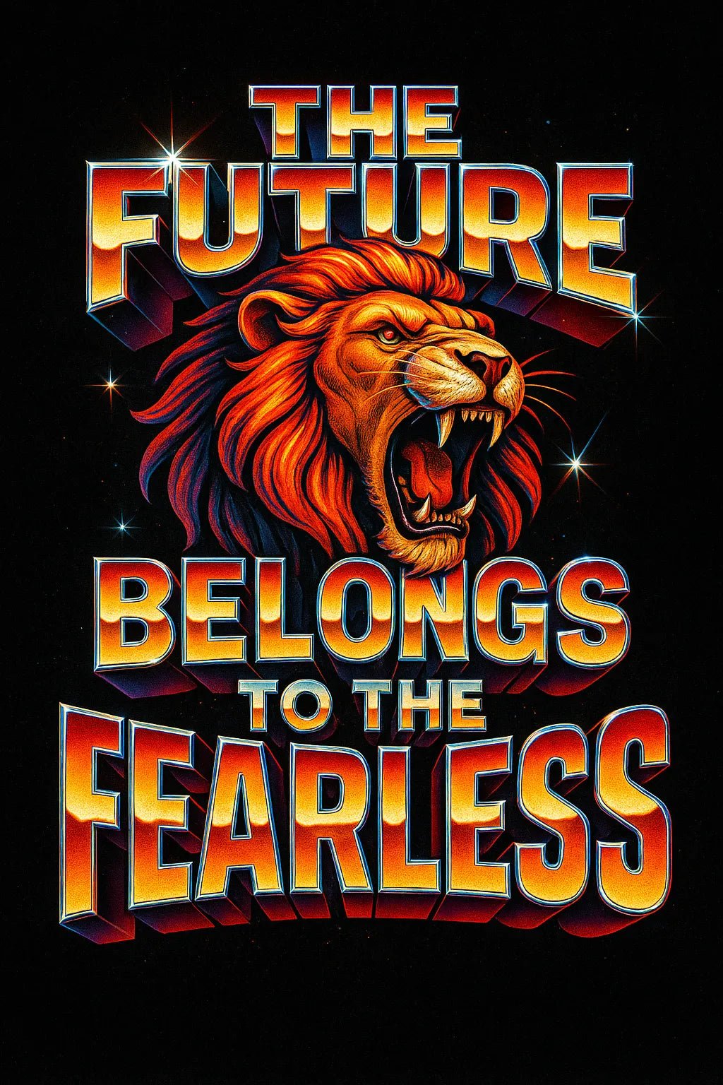 Example output from the High Impact 3D Retro Quote Logos ChatGPT prompt: 3D retro-style quote logos with neon glow and cinematic textures, featuring dynamic layouts and nostalgic energy for album art, intros, and posts. The Future Belongs to the Fearless.