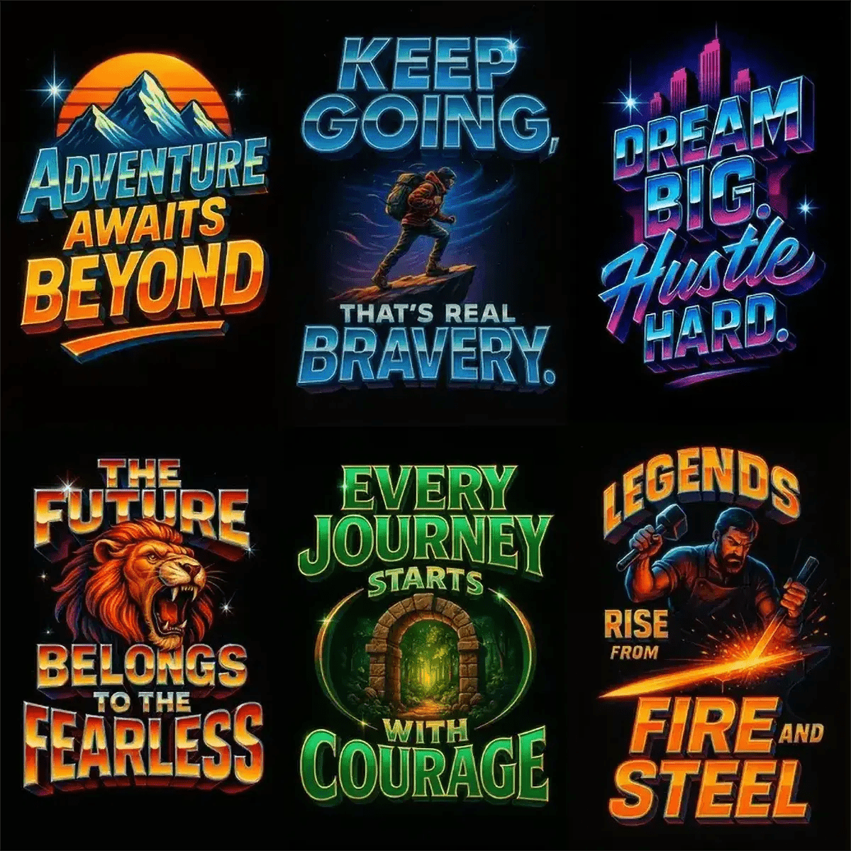 Example output from the High Impact 3D Retro Quote Logos ChatGPT prompt: 3D retro-style quote logos with neon glow and cinematic textures, featuring dynamic layouts and nostalgic energy for album art, intros, and posts.