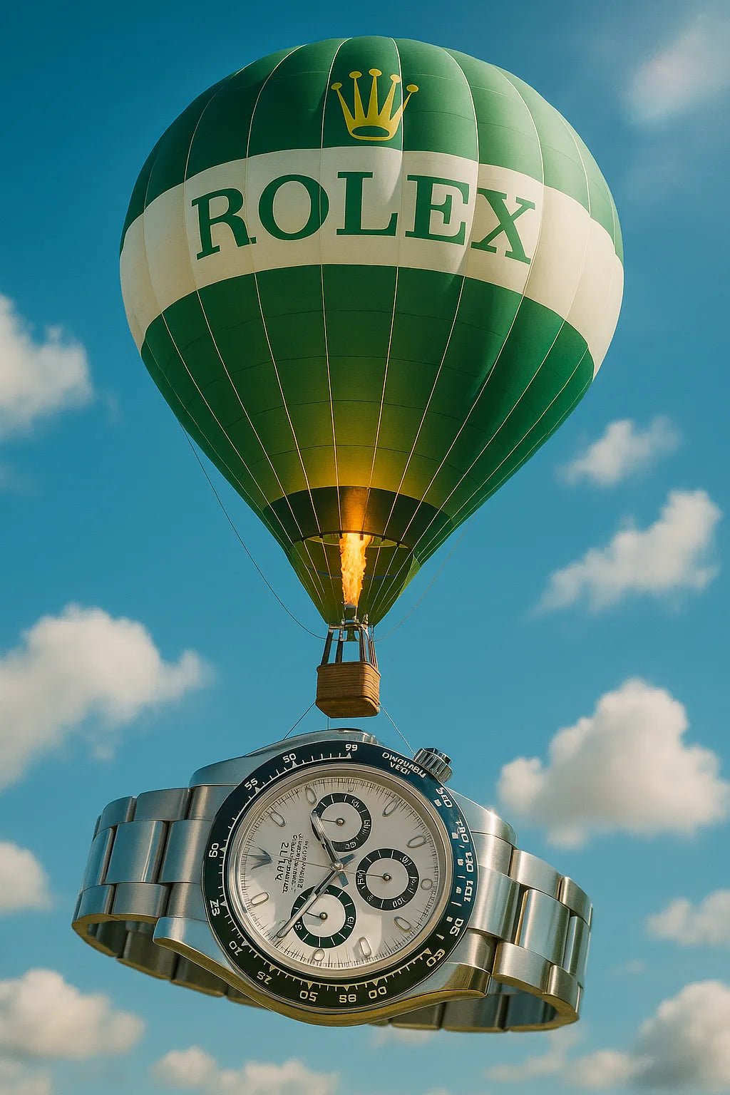 Example output of hot air balloons carrying branded products generated by a ChatGPT prompt template. Rolex.