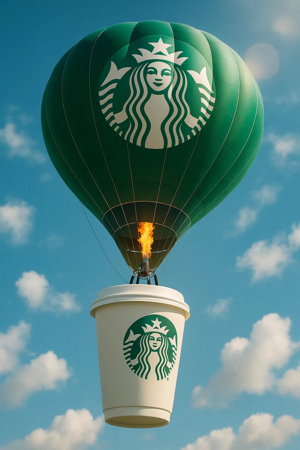 Example output of hot air balloons carrying branded products generated by a ChatGPT prompt template. Starbucks.