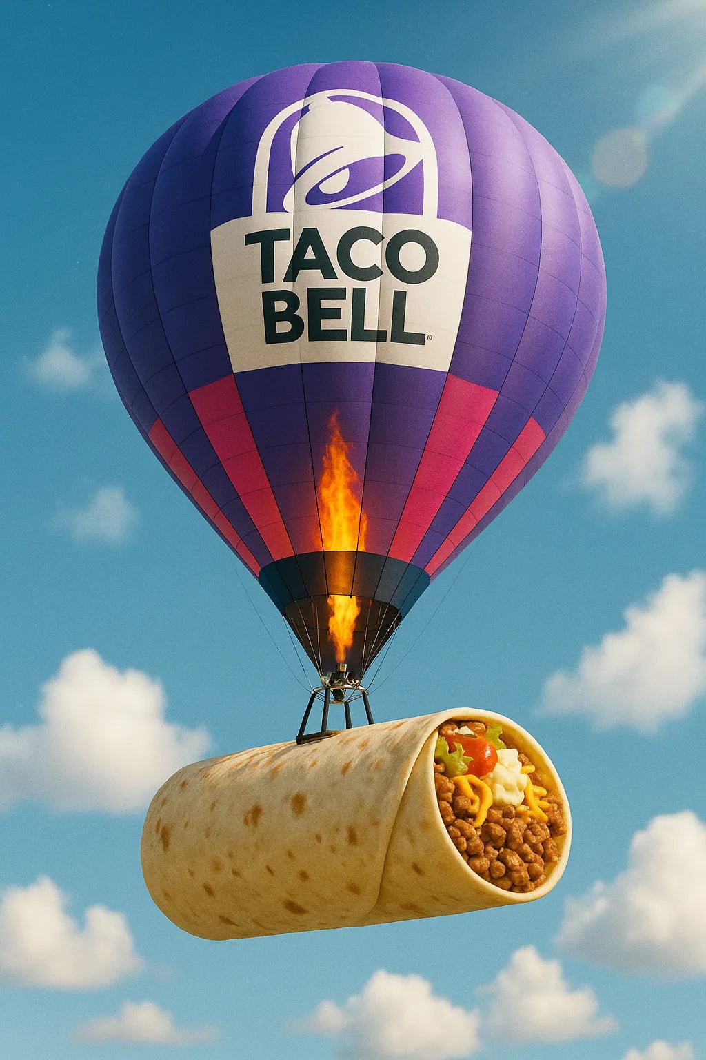Example output of hot air balloons carrying branded products generated by a ChatGPT prompt template. Taco Bell.