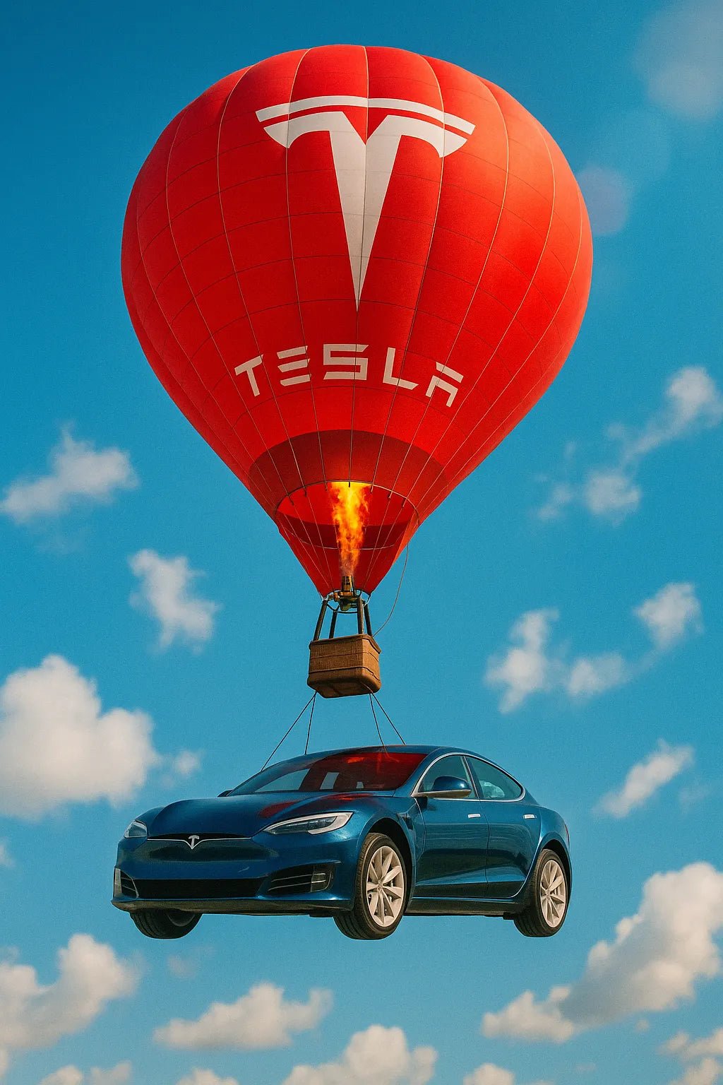 Example output of hot air balloons carrying branded products generated by a ChatGPT prompt template. Tesla.
