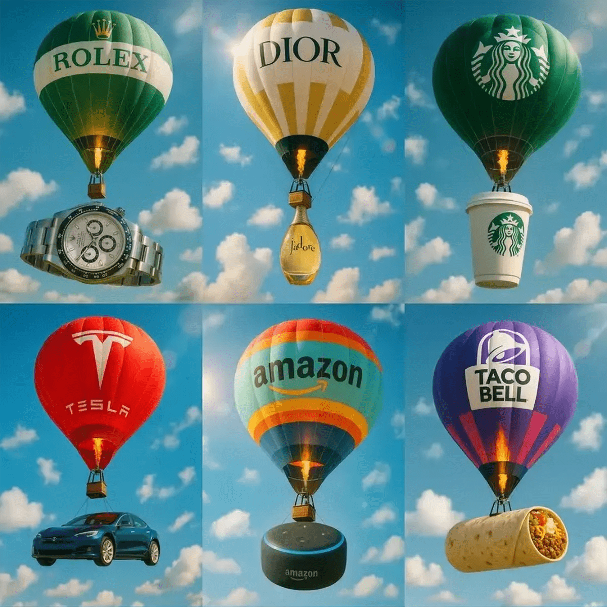 Example output of six hot air balloons carrying various branded products—watch, perfume bottle, coffee cup, car, smart speaker, and burrito—generated by a ChatGPT prompt template, featuring realistic flame effects, shallow depth-of-field, and a bright blue sky background.
