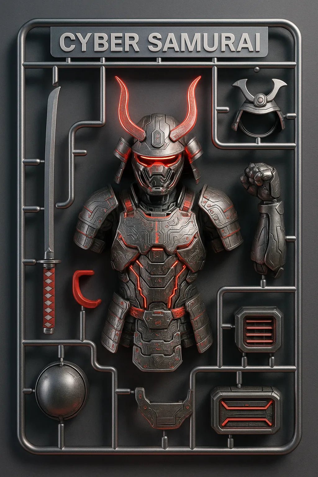 Example output from the Hyper Realistic 3D Sprue Kits ChatGPT prompt: premium 3D model kit. Cyber Samurai.