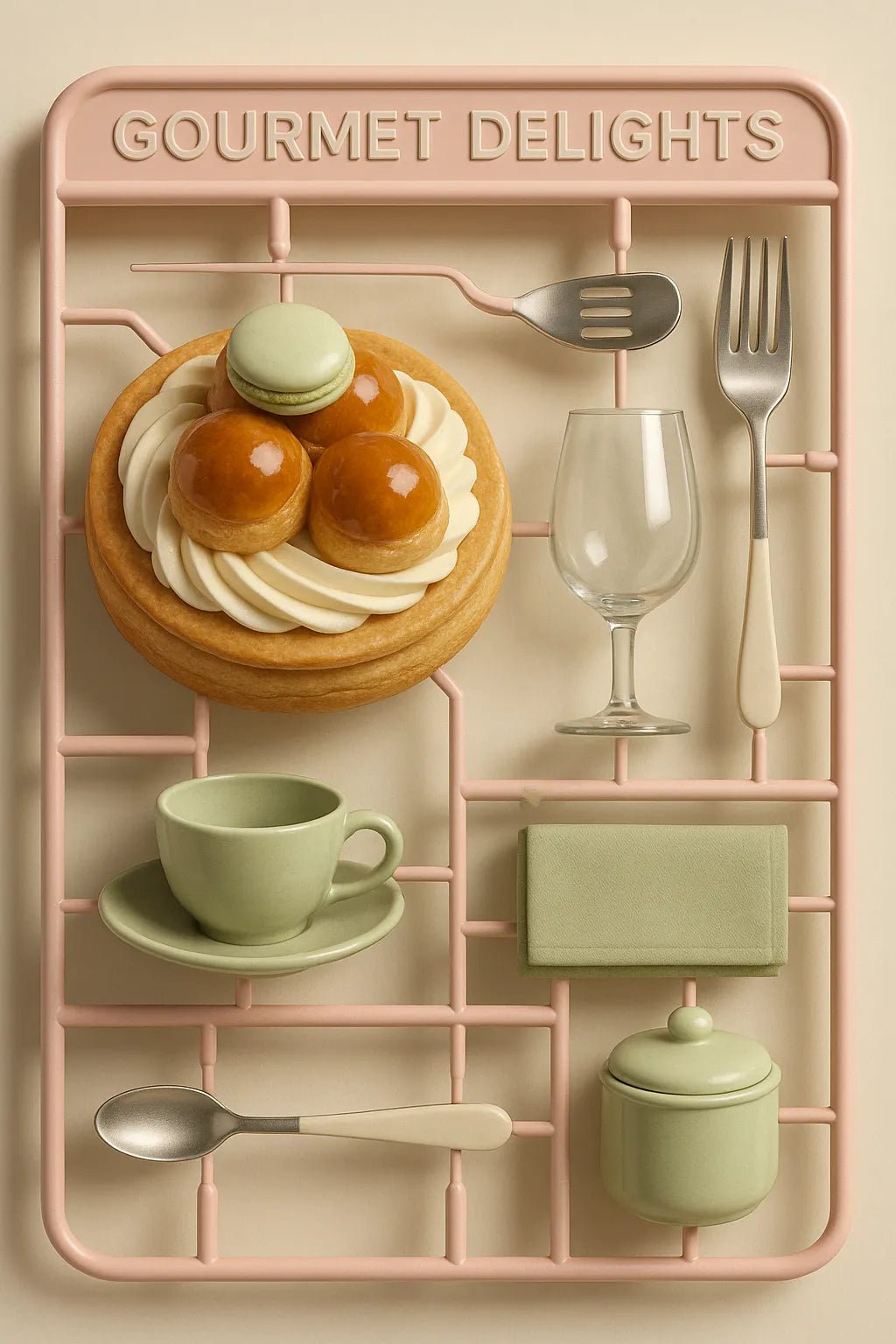 Example output from the Hyper Realistic 3D Sprue Kits ChatGPT prompt: premium 3D model kit. Gourmet Delights.