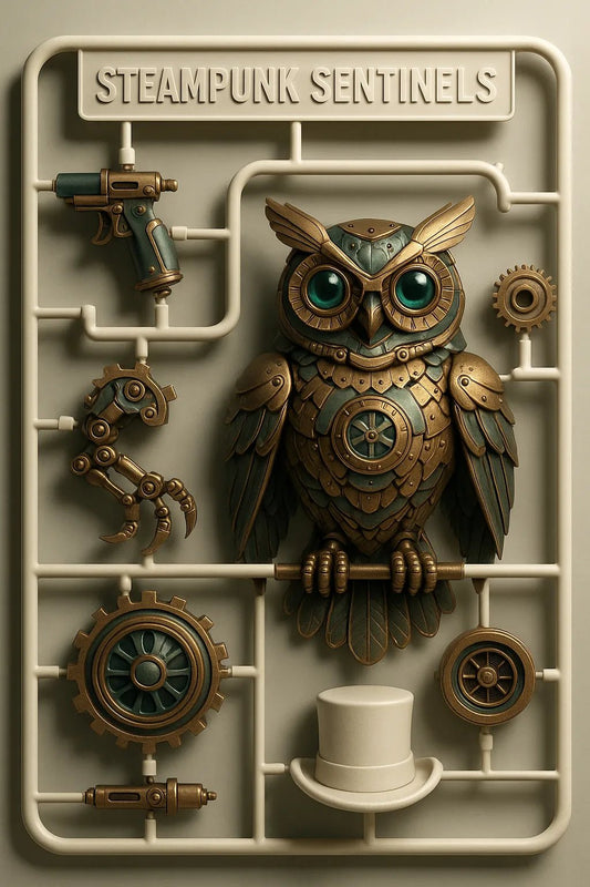 Example output from the Hyper Realistic 3D Sprue Kits ChatGPT prompt: premium 3D model kit. Steampunk Sentinels.