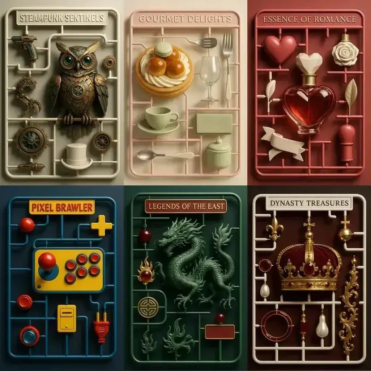 Example output from the Hyper Realistic 3D Sprue Kits ChatGPT prompt: premium 3D model kits featuring hyper-detailed parts, cinematic lighting, and collectible-ready layouts with pro-grade realism and visual depth.