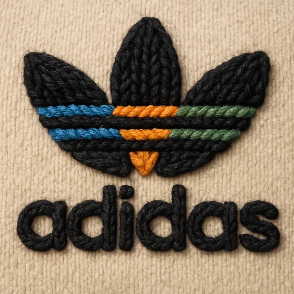 Example output of hyper-realistic 3D wool yarn logo generated by a ChatGPT prompt template, showcasing stitched versions of brand: Adidas