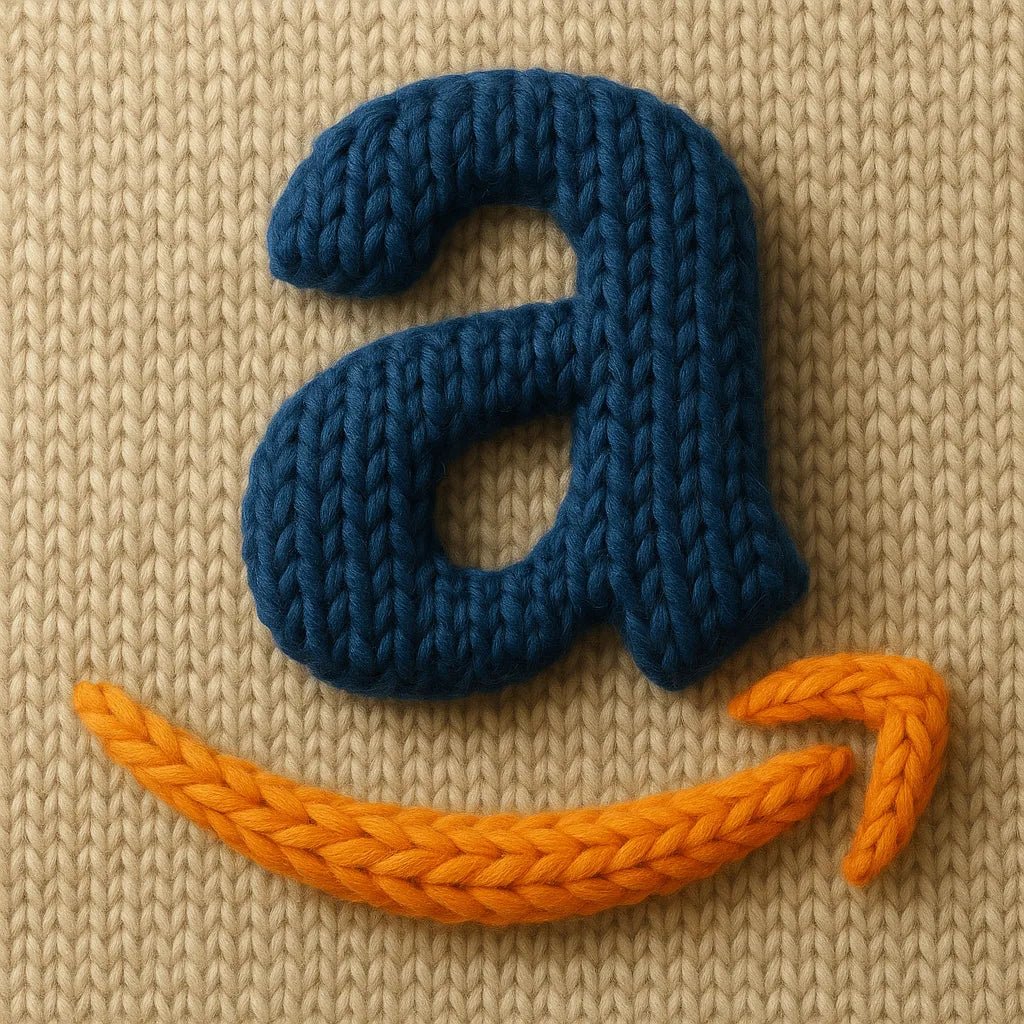 Example output of hyper-realistic 3D wool yarn logo generated by a ChatGPT prompt template, showcasing stitched versions of brand: Amazon.