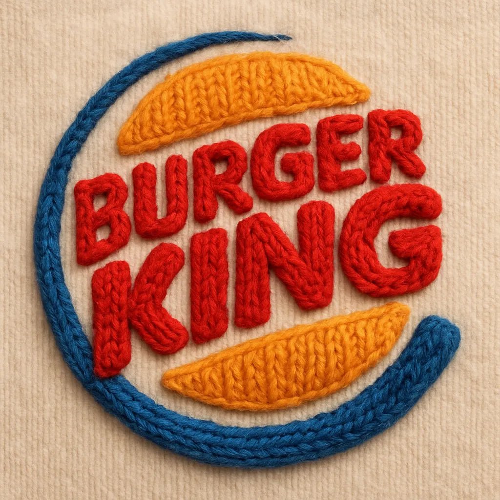 Example output of hyper-realistic 3D wool yarn logo generated by a ChatGPT prompt template, showcasing stitched versions of brand: Burger King.