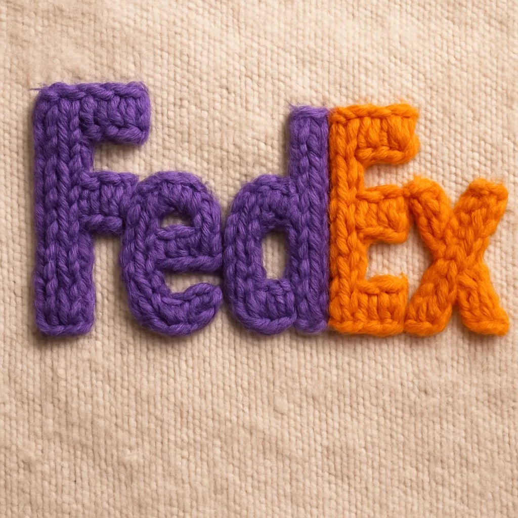 Example output of hyper-realistic 3D wool yarn logo generated by a ChatGPT prompt template, showcasing stitched versions of brand: FedEx.