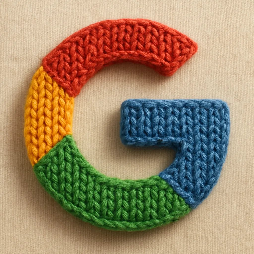 Example output of hyper-realistic 3D wool yarn logo generated by a ChatGPT prompt template, showcasing stitched versions of brand: Google.