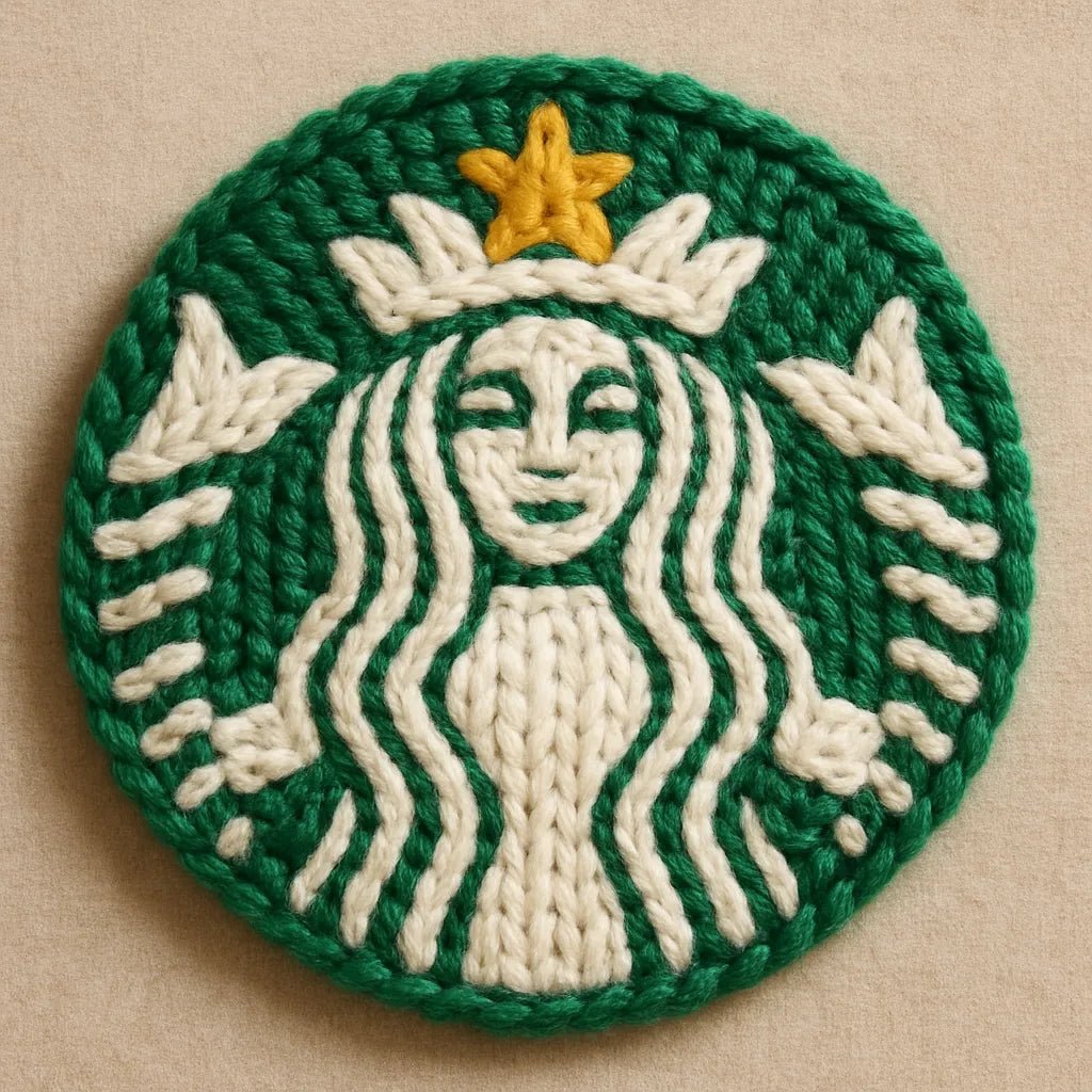 Example output of hyper-realistic 3D wool yarn logo generated by a ChatGPT prompt template, showcasing stitched versions of brand: Starbucks.