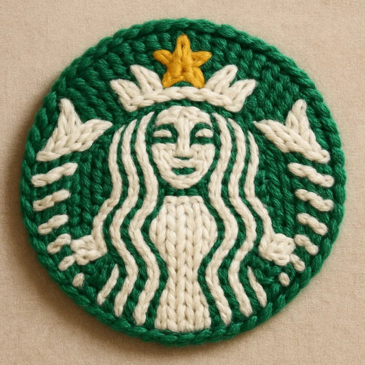 Example output of hyper-realistic 3D wool yarn logo generated by a ChatGPT prompt template, showcasing stitched versions of brand: Starbucks.