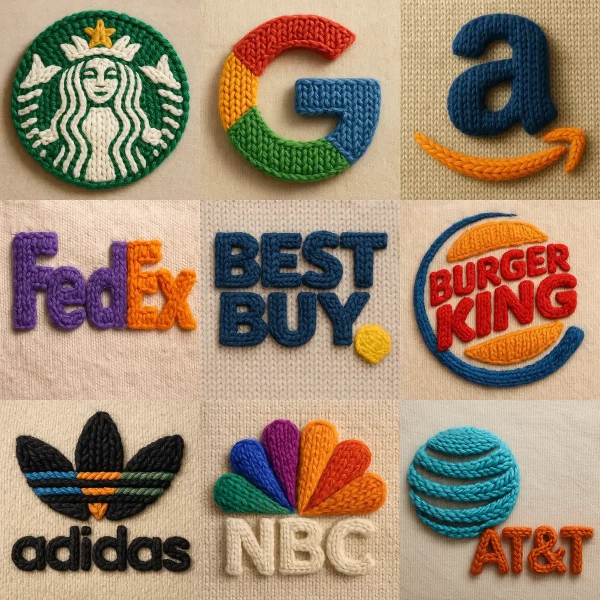 Example output of hyper-realistic 3D wool yarn logos generated by a ChatGPT prompt template, showcasing stitched versions of brands like Starbucks, Google, Amazon, FedEx, Best Buy, Burger King, Adidas, NBC, and AT&T with rich knitted texture, visible stitches, natural shading, and a soft fabric backdrop.