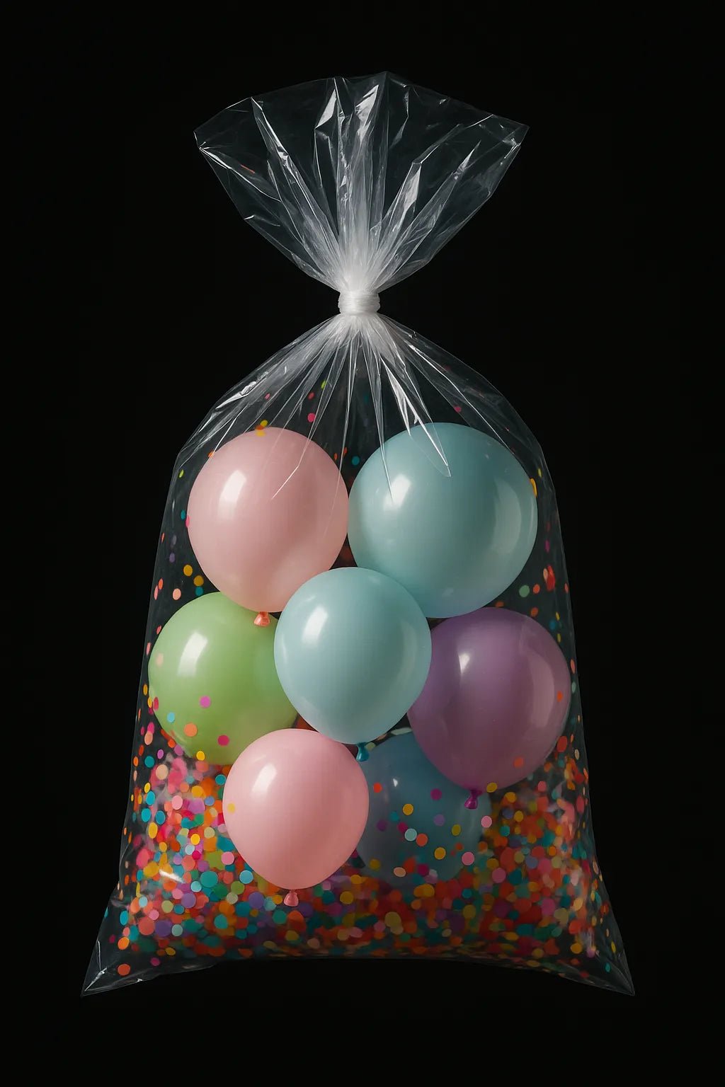 Example output of hyperreal floating bag product shots generated by a ChatGPT prompt template. Balloons.